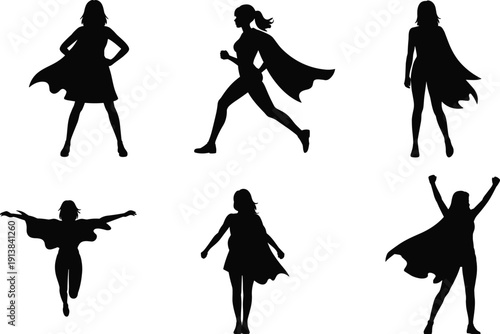 Female superhero silhouettes set, woman hero with cape in dynamic flying and running poses isolated black vector illustration on white background