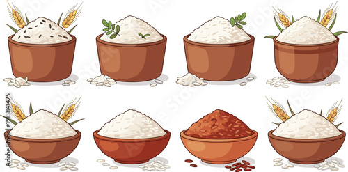 Rice Bowl Varieties Collection Set. White Rice and Brown Rice with Wheat Ears Illustration. Hand Drawn Grain Food Vector for Organic and Farm Design.