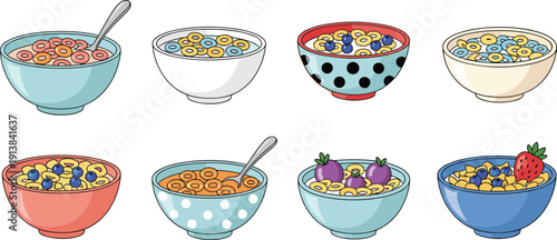 Breakfast Cereal Bowls Collection Set. Oatmeal, Cornflakes and Fruit Toppings Illustration. Colorful Hand Drawn Vector for Healthy Morning Menu Design.