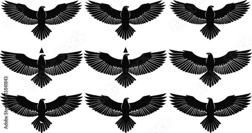 Large collection of green tree top view symbols, black butterfly silhouettes, eagle icons, and aquatic fish illustrations for landscape architecture, environmental design, and sustainable branding.