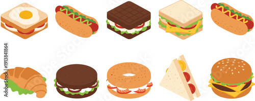 Fast Food and Sandwich Collection Set. Burger, Hot Dog, Croissant and Bagel Illustration. Flat Vector Breakfast and Lunch Menu Design Elements.