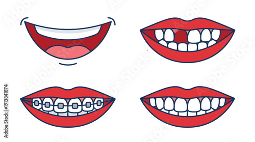 Oral Health Smiles Missing Tooth Braces Healthy Gums Dentistry Orthodontics Treatment Flat Cartoon Outline Style Isolated Vector Illustration