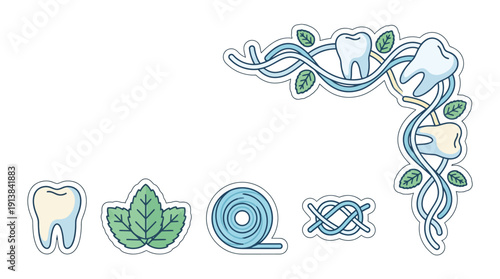 Teeth, Floss & Mint Leaf Icons with Decorative Corner Frame, Illustrating Oral Health & Dental Hygiene, Clean Cartoon Vector in Fresh Blue & Green, Sticker Outline Isolated