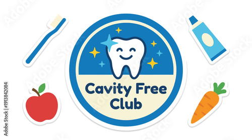 Happy Tooth Club Badge with Oral Care icons healthy food Pediatric Dental Care Prevention Flat Design Colorful Cartoon Vector Illustration