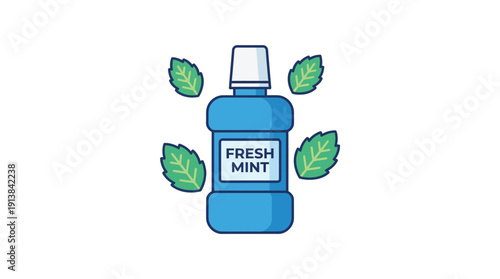 Mouthwash Bottle and Mint Leaves Illustration with 'Fresh Mint' Label for Oral Health, featuring Clean Flat Design in Blue and Green Colors, a Graphic Vector Icon Isolated on White