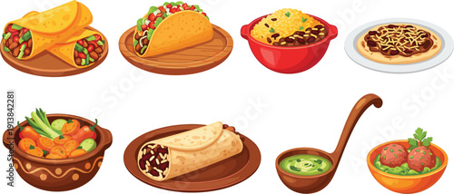 Mexican and Traditional Food Dishes Set. Tacos, Burritos, Rice Bowl and Soup Illustration. Colorful Flat Vector Collection for Restaurant Menu and Cooking Design.