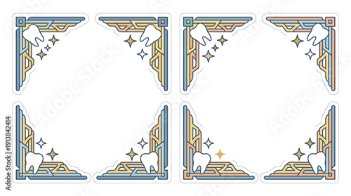 Four Dental Corners with Sparkling Teeth and Decorative Borders for Oral Health Care, Flat Geometric Pastel Style Vector Illustration with Copy Space
