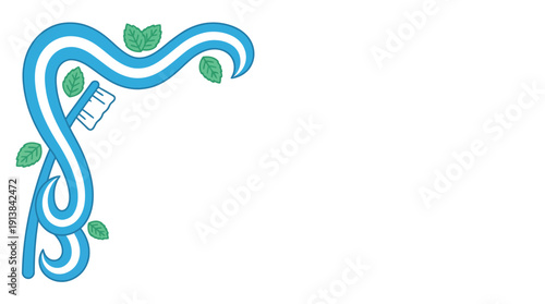 Toothbrush, Dental Paste Waves, and Mint Leaves in a Swirling Corner Design for Oral Health & Hygiene Freshness, Flat Vector Illustration in Clean Blue & Green on White Background with Copy Space.