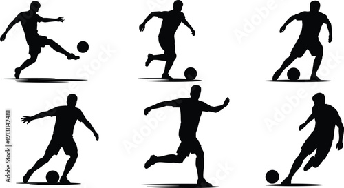 Soccer player silhouette set, football athlete dribbling kicking controlling ball isolated black vector illustration collection on white background