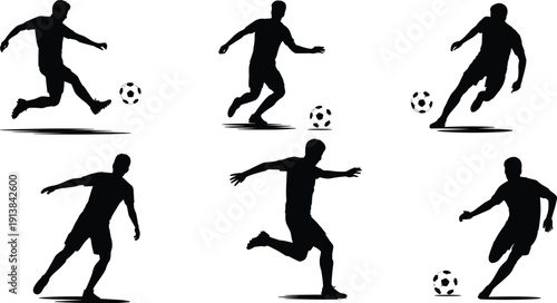 Soccer player silhouette collection, football athlete dribbling kicking and running with ball isolated black vector illustration set on white background