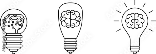 Brain in light bulb icon set. Creative, generating idea, solution vector.
