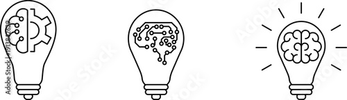 Brain in light bulb icon set. Creative, generating idea, solution vector.