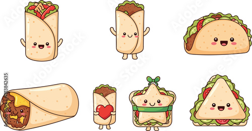 Cute Kawaii Fast Food Characters Set. Smiling Burrito, Taco and Sandwich Mascots. Cartoon Street Food Illustration Collection for Kids Menu Design.