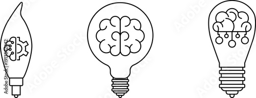 Brain in light bulb icon set. Creative, generating idea, solution vector.