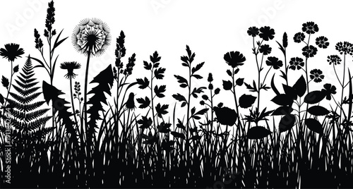 Large vector collection featuring green leaf icons wild grass silhouettes black flower bouquets and ornamental filigree split frames with vintage damask scrolls for graphic design.