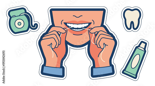 Human Mouth with Hands Flossing Teeth & Dental Care Essentials, Promoting Oral Health & Hygiene in Modern Flat Vector Illustration with Muted Colors, Isolated Sticker Elements.