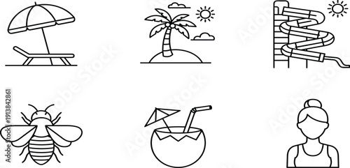 Summer vacation and leisure icon set featuring tropical beach palm island, sun lounger with umbrella, water slide, honey bee, coconut cocktail, and female avatar.Summer 