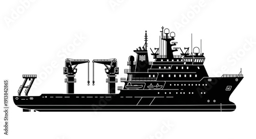 Black silhouette of a large cargo ship with cranes on white background.