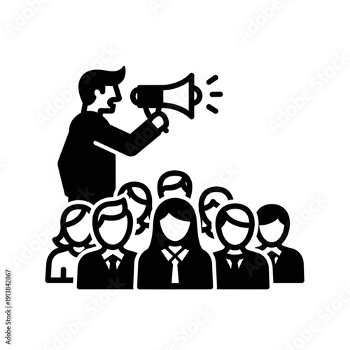 Man speaking to a group of people with a megaphone.