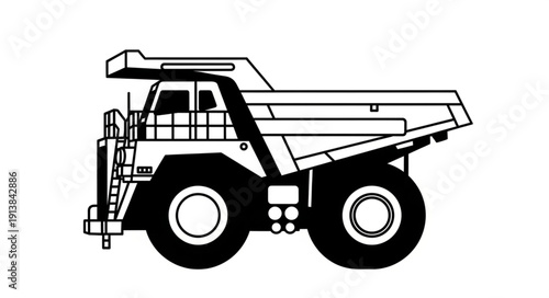 Black and white illustration of a heavy dump truck with large wheels.