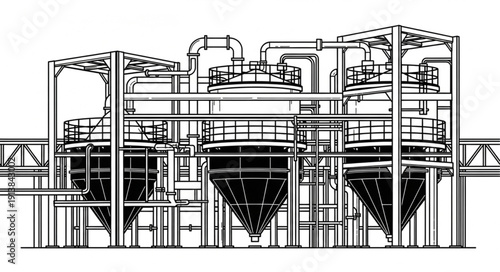 Industrial facility technical drawing with pipes and machinery.