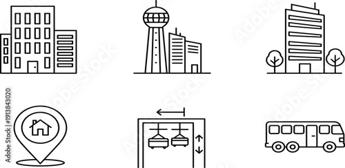 City infrastructure icon set, featuring modern office buildings, observation tower, luxury skyscraper, house location pin, elevator lift system, and public transportation bus, for 
