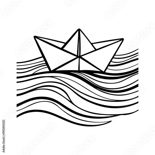 Logo Nautical. Dibujo sencillo con líneas de un barco de papel estilo origami con olas de mar