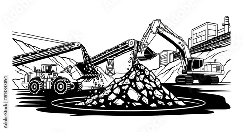 Heavy machinery operating at a construction site with excavators and dump trucks.