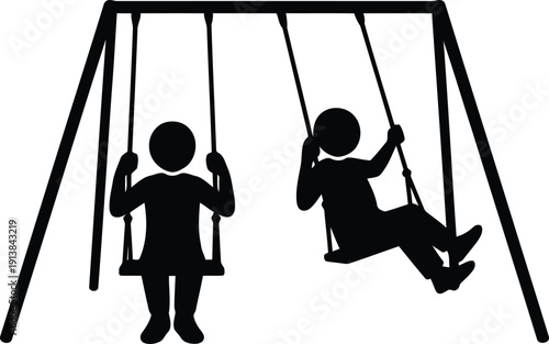 Silhouettes of two kids enjoying a sunny day on a classic swing set