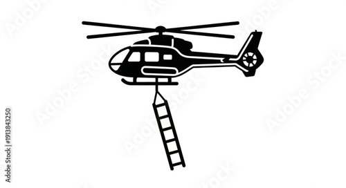 Black and white helicopter with suspended ladder illustration.