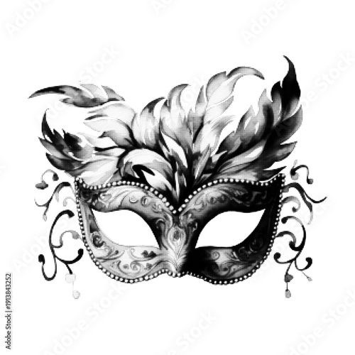 Black and white halftone illustration of ornate carnival mask with feathers isolated on white background. Venetian masquerade and festive elegance concept.