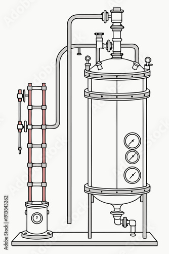 Industrial equipment tank with gauges and piping system