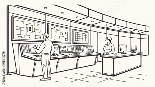 Two technicians operating control room systems with multiple monitors