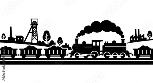 Vintage black silhouette of a steam train passing through an industrial landscape with factories and smokestacks.