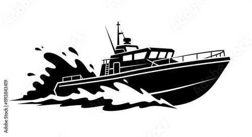 Black silhouette of a speedboat moving through the water.