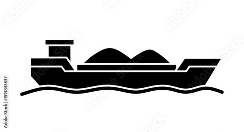 Black silhouette of a cargo ship carrying goods on the water.