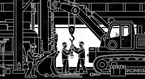 Industrial workers operating heavy machinery in a factory.