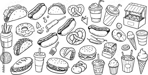 Hand-drawn doodle set of fast food and snacks including hot dogs, tacos, donuts, burgers, pretzels, drinks, and ice cream in black and white line art.