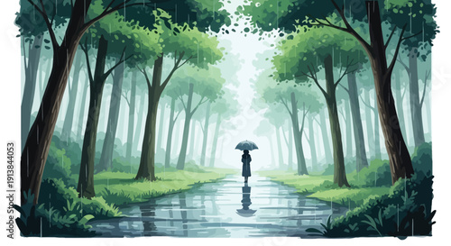 A lone person walks down a wet forest path holding an umbrella on a rainy day with trees and greenery all around