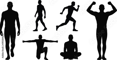 Six black male silhouettes display common human body postures for fitness and movement activities