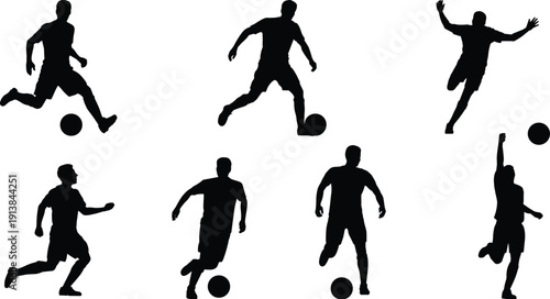 Soccer player silhouettes collection, football athletes dribbling running jumping and celebrating with ball isolated black vector illustration set on white background