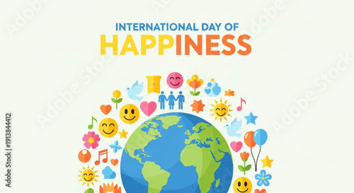 International day of happiness illustration with globe and colorful symbols