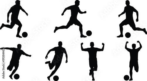 Soccer player silhouettes set, football athletes dribbling running and celebrating with ball isolated black vector illustration collection on white background