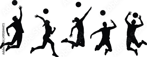 Volleyball player silhouettes set, athletes jumping and spiking ball in dynamic action isolated black vector illustration collection on white background