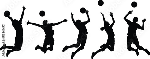 Volleyball player silhouettes set, men and women athletes jumping to spike and block ball isolated black vector illustration collection on white background