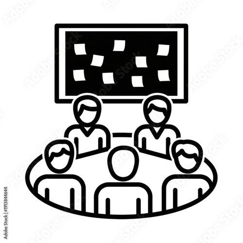 Simple line art illustration of a business meeting with people around a table and a presentation screen.
