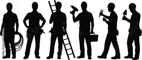 Six skilled workers standing with various tools and equipment ready for construction or maintenance tasks