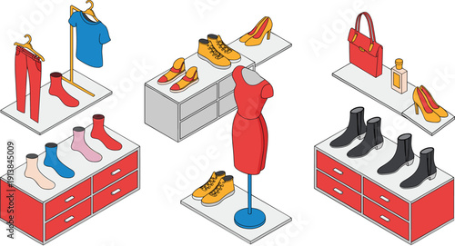 Fashion boutique display illustration, clothing accessories showcase, mannequin dress, shoes socks bag sunglasses, modern isometric retail store interior vector