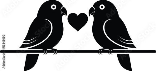 Two black parrot bird silhouettes perched on a branch with a heart symbol for romantic wedding invitations love greeting cards and valentines day.