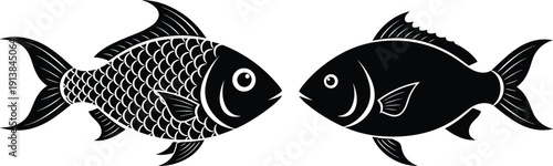 Two black fish silhouettes facing each other with detailed scales and smooth fins vector illustration for seafood restaurant logos aquarium icons and fishing branding.